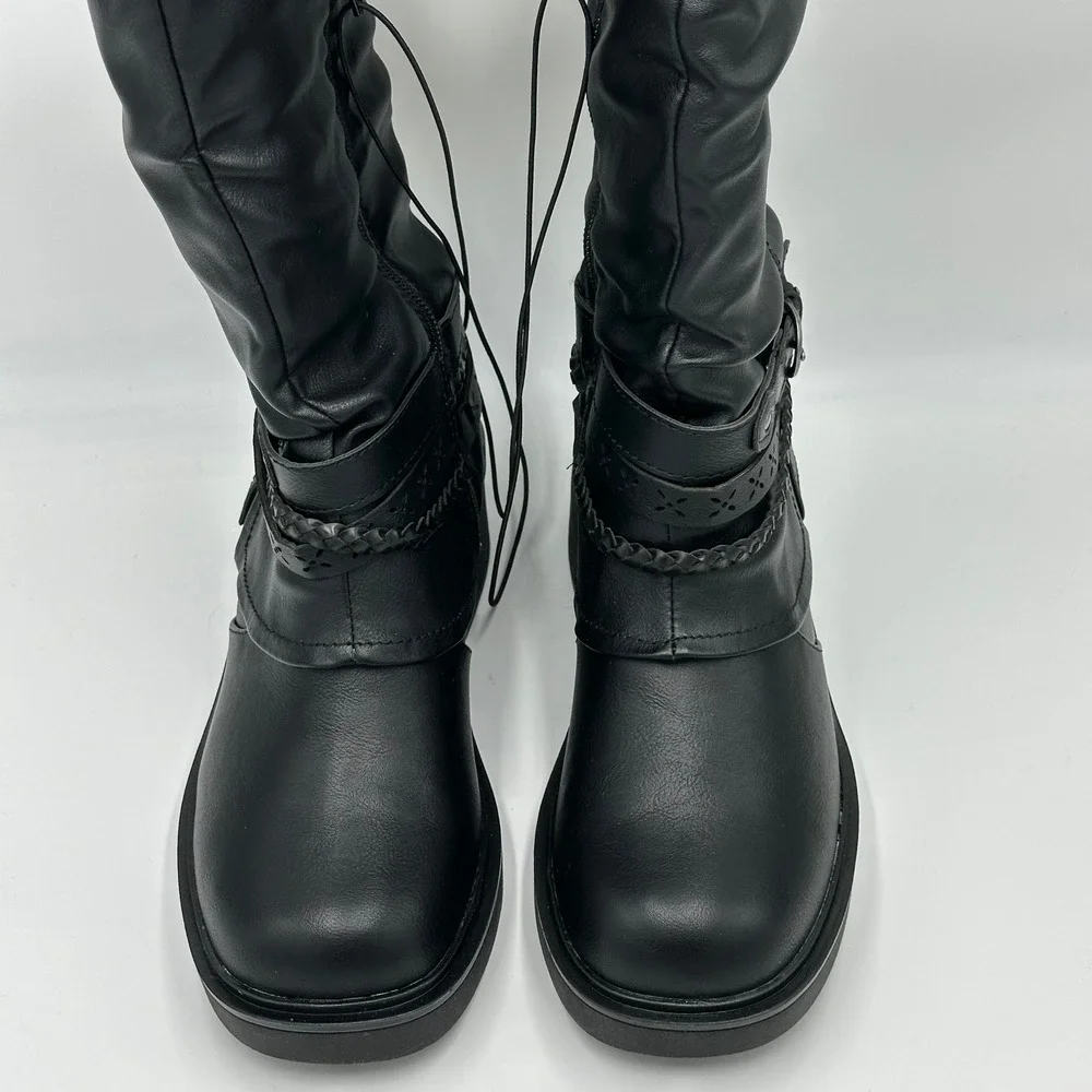 NIB Pop Freeway Black Faux Leather Tall Riding Biker Moto Boots Western Womens 6